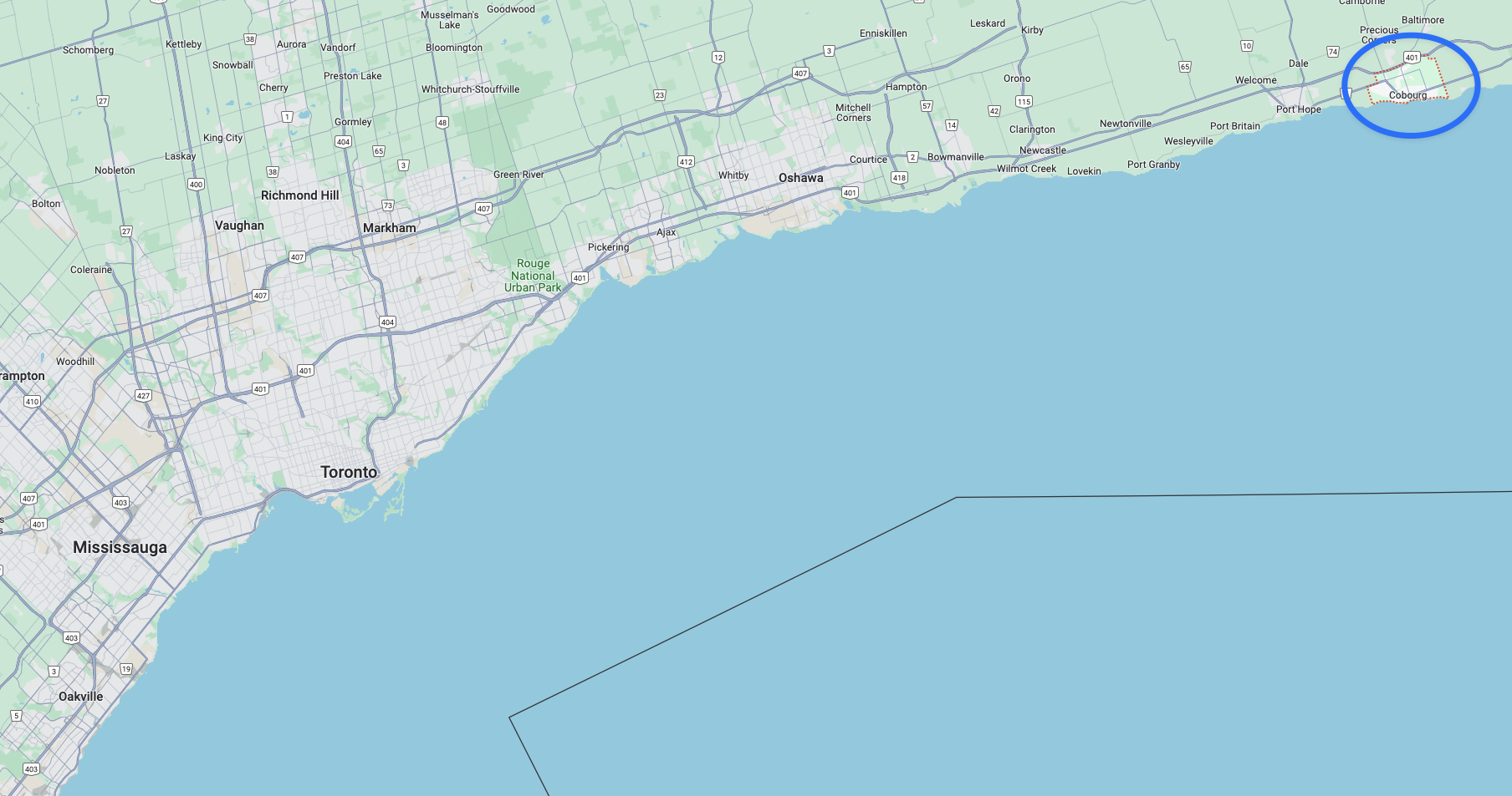 Google Maps image of Cobourg in relation to Toronto