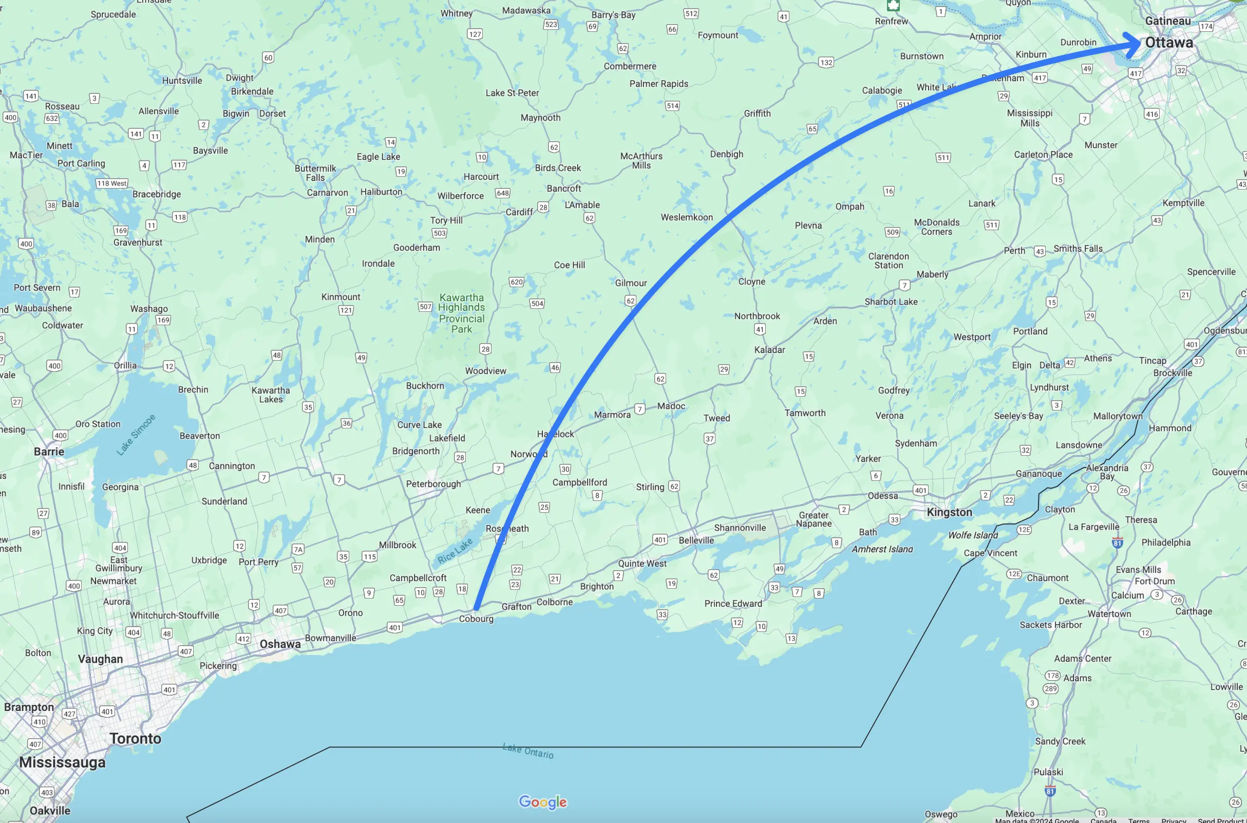 Google maps image of arrow pointing where Ottawa in in relation to Cobourg